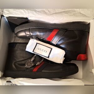 Gucci Ace High Top Dionysus Buckle Black Trainers Size 11.5
